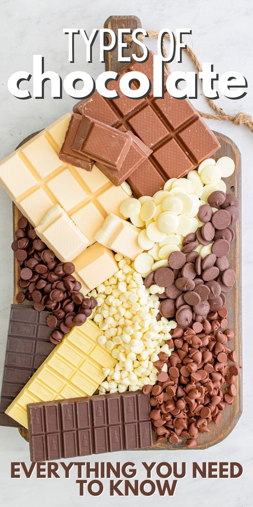 overhead shot of different kinds of chocolate on wood cutting board with words on photo