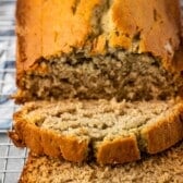 sliced banana bread on a drying rack.