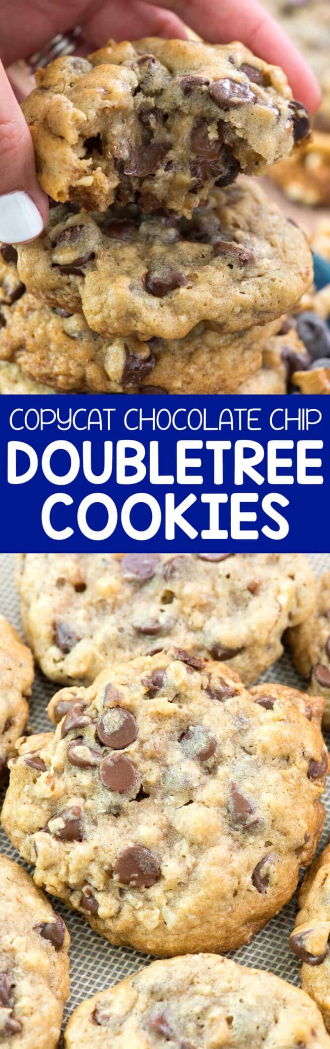 Collage of Copycat Doubletree Chocolate Chip Cookies